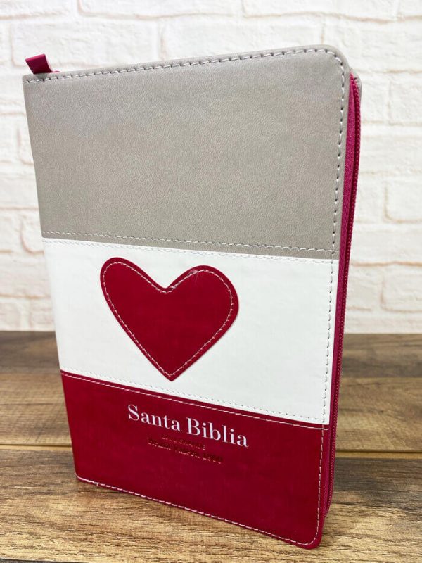 Biblia Reina Valera 1960-gris/blanco/fucsia con corazón cremallera e índice